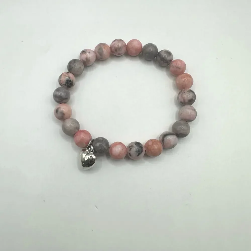 Unbranded Pink Gray Round Bead Ball Stretch Bracelet Silver tone Heart Charm